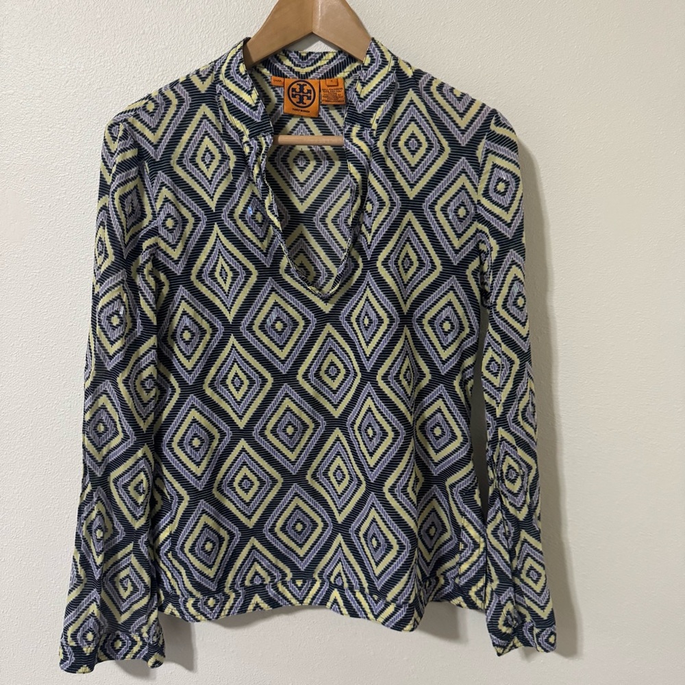 Tory Burch Stephanie Beaded Geometric Aztec Print Blouse Purple Yellow-6